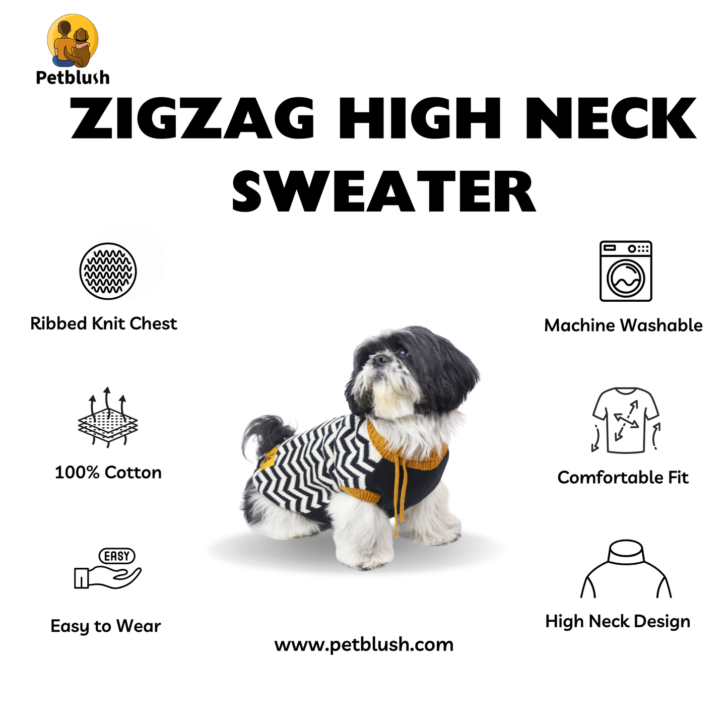 Petblush Zig Zag High Neck Knit Sweater For Dogs