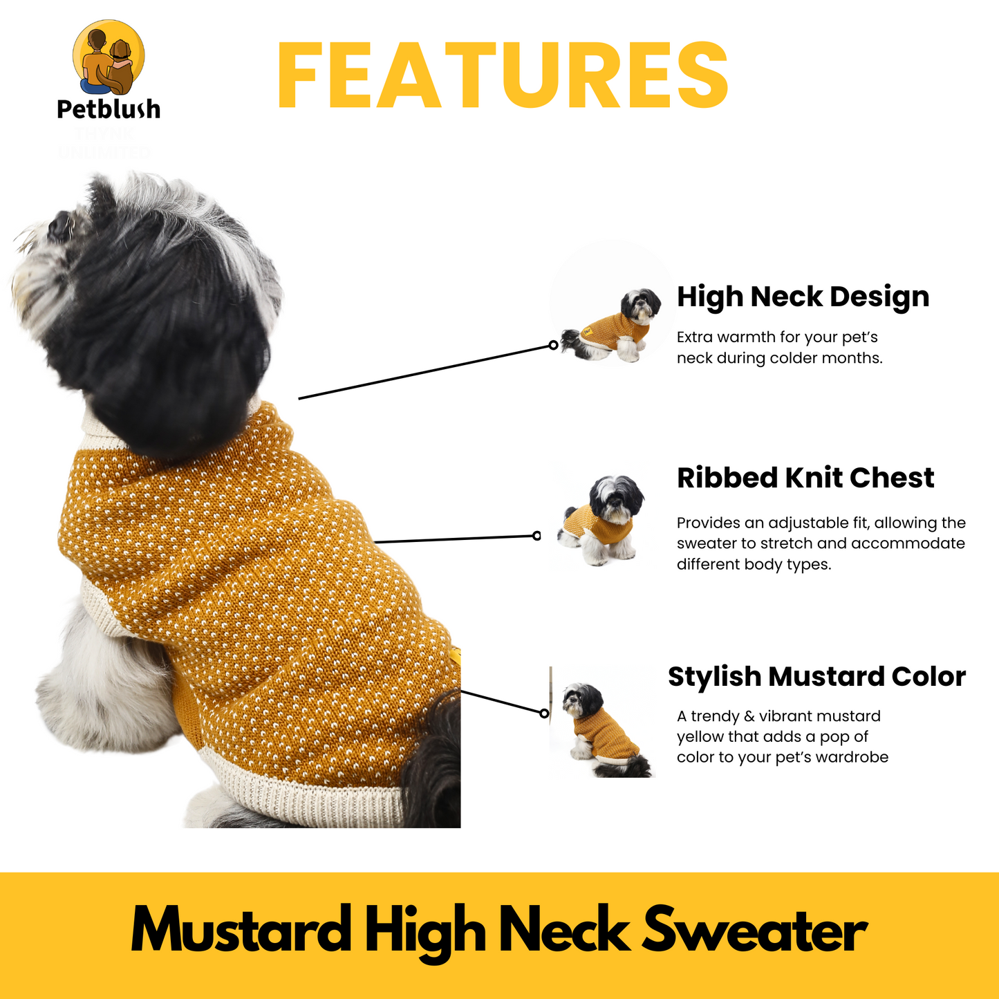 Petblush Natural Mustard High Neck Knit Sweater For Dogs