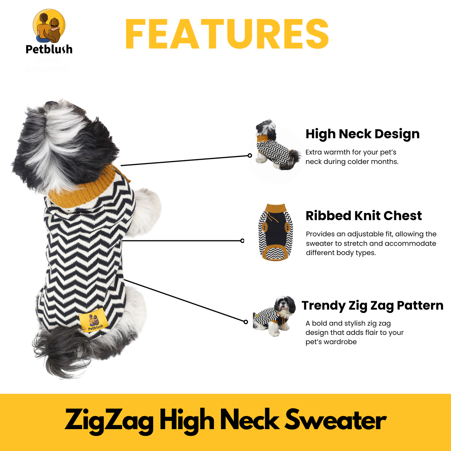Petblush Zig Zag High Neck Knit Sweater For Dogs