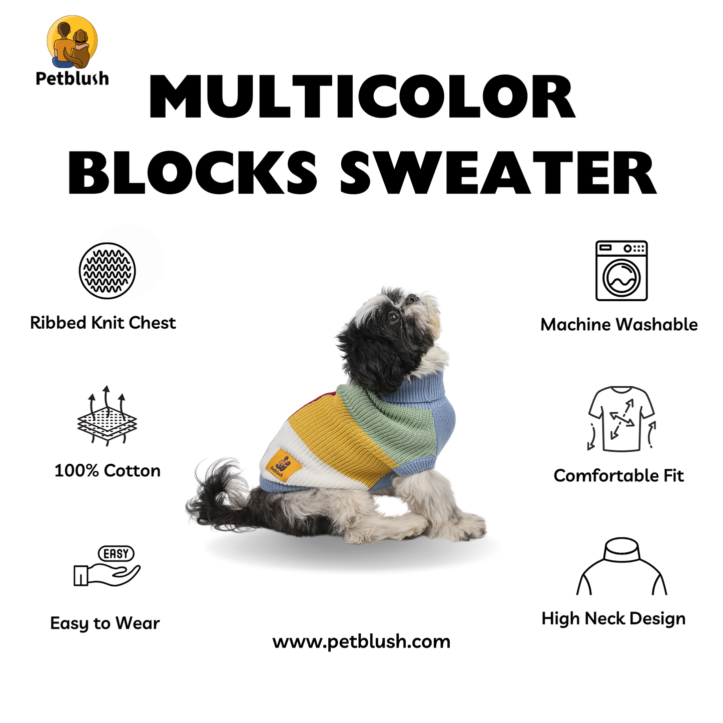 Petblush Multicolor Blocks High Neck Knit Sweater For Dogs
