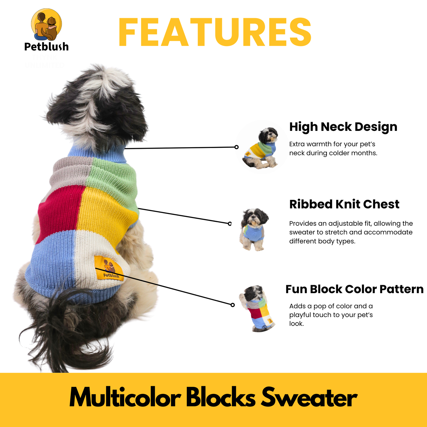 Petblush Multicolor Blocks High Neck Knit Sweater For Dogs