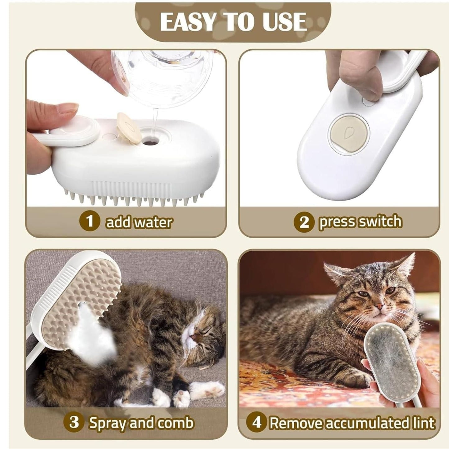 Steam Brush with Handle for Dogs and Cats