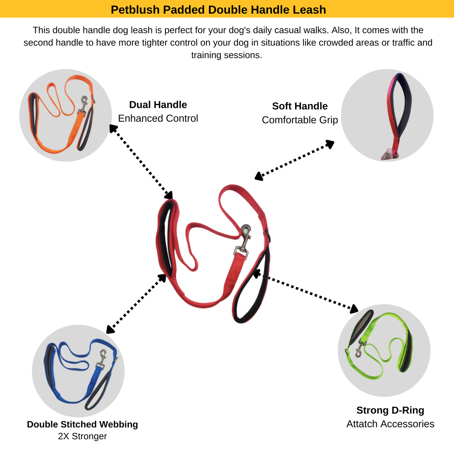 Petblush Classic Padded Double Handle Leash For Dogs