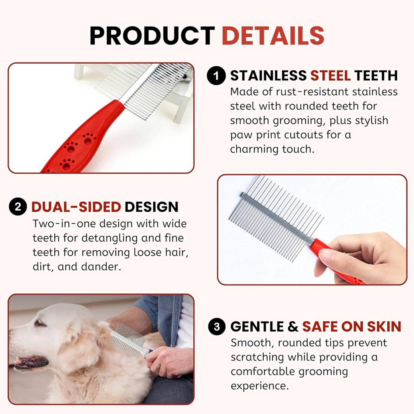 Petblush Double Side Paw Print Grip Comb For Dogs and Cats