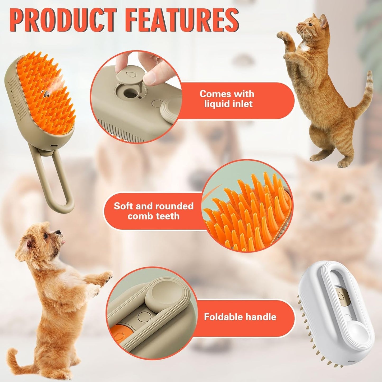 Steam Brush with Handle for Dogs and Cats