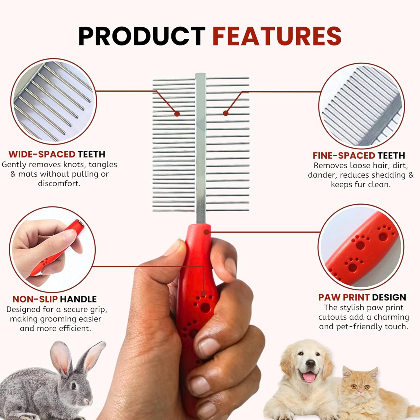Petblush Double Side Paw Print Grip Comb For Dogs and Cats